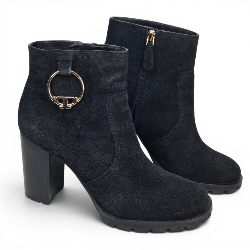 Tory Burch Sofia Lug Sole Booties Black Suede Gold Logo Heeled Ankle Boots Sz 9